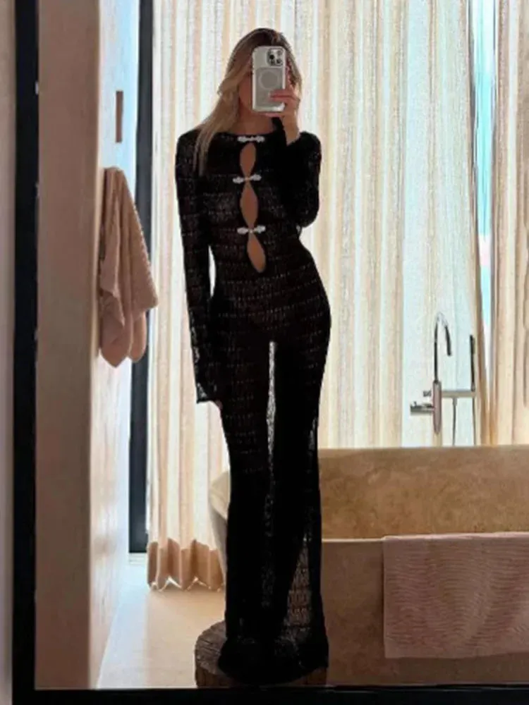 Hollow Slit Long Dress Women's Beach Cover-up Bohemian Dress Floor-length Backless Mermaid Evening Gown Sexy Knit Dress