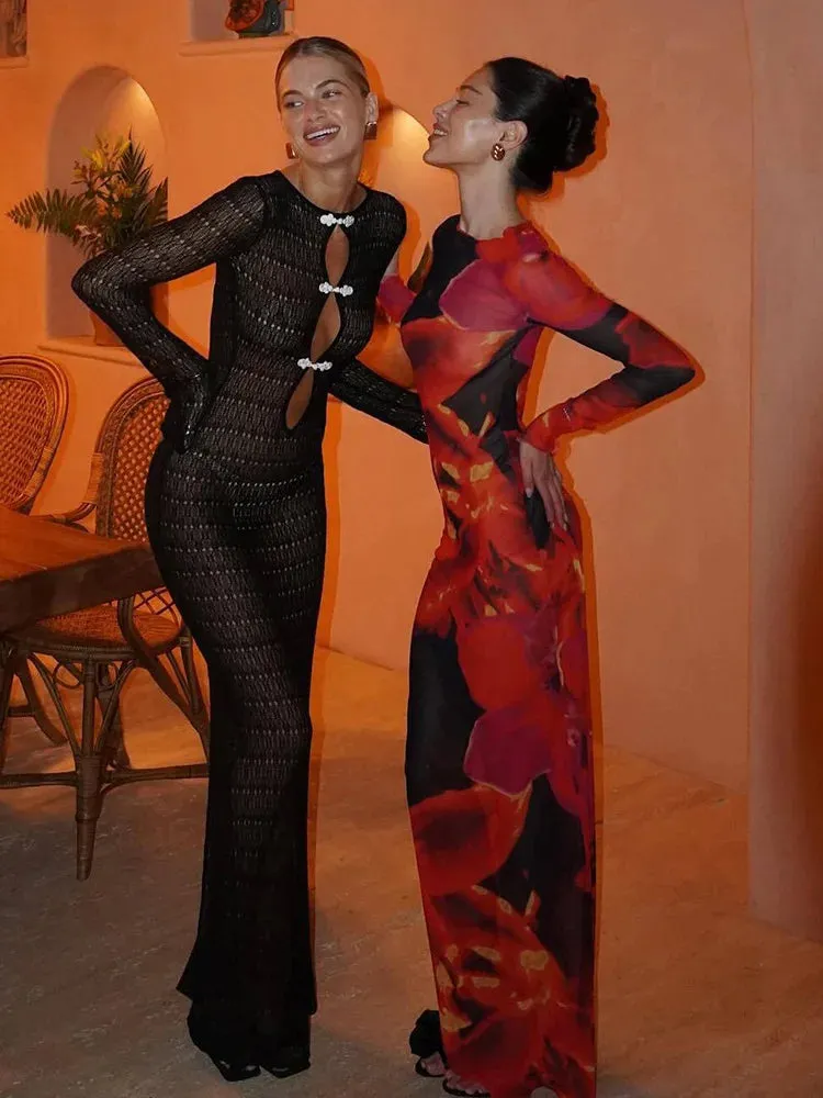 Hollow Slit Long Dress Women's Beach Cover-up Bohemian Dress Floor-length Backless Mermaid Evening Gown Sexy Knit Dress