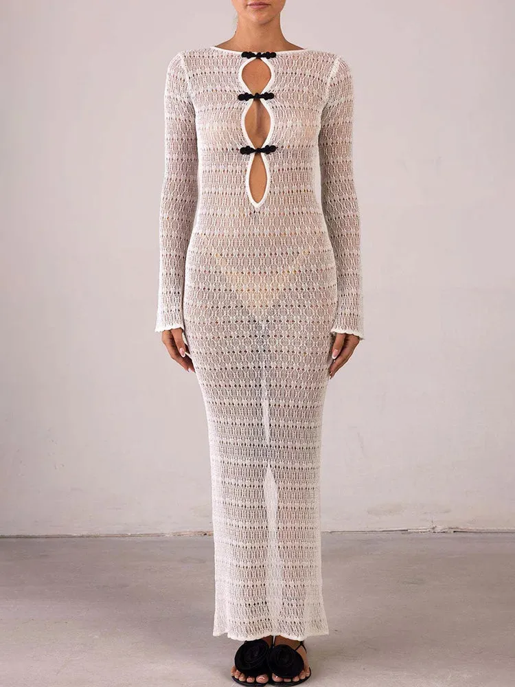 Hollow Slit Long Dress Women's Beach Cover-up Bohemian Dress Floor-length Backless Mermaid Evening Gown Sexy Knit Dress