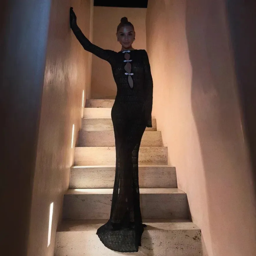 Hollow Slit Long Dress Women's Beach Cover-up Bohemian Dress Floor-length Backless Mermaid Evening Gown Sexy Knit Dress