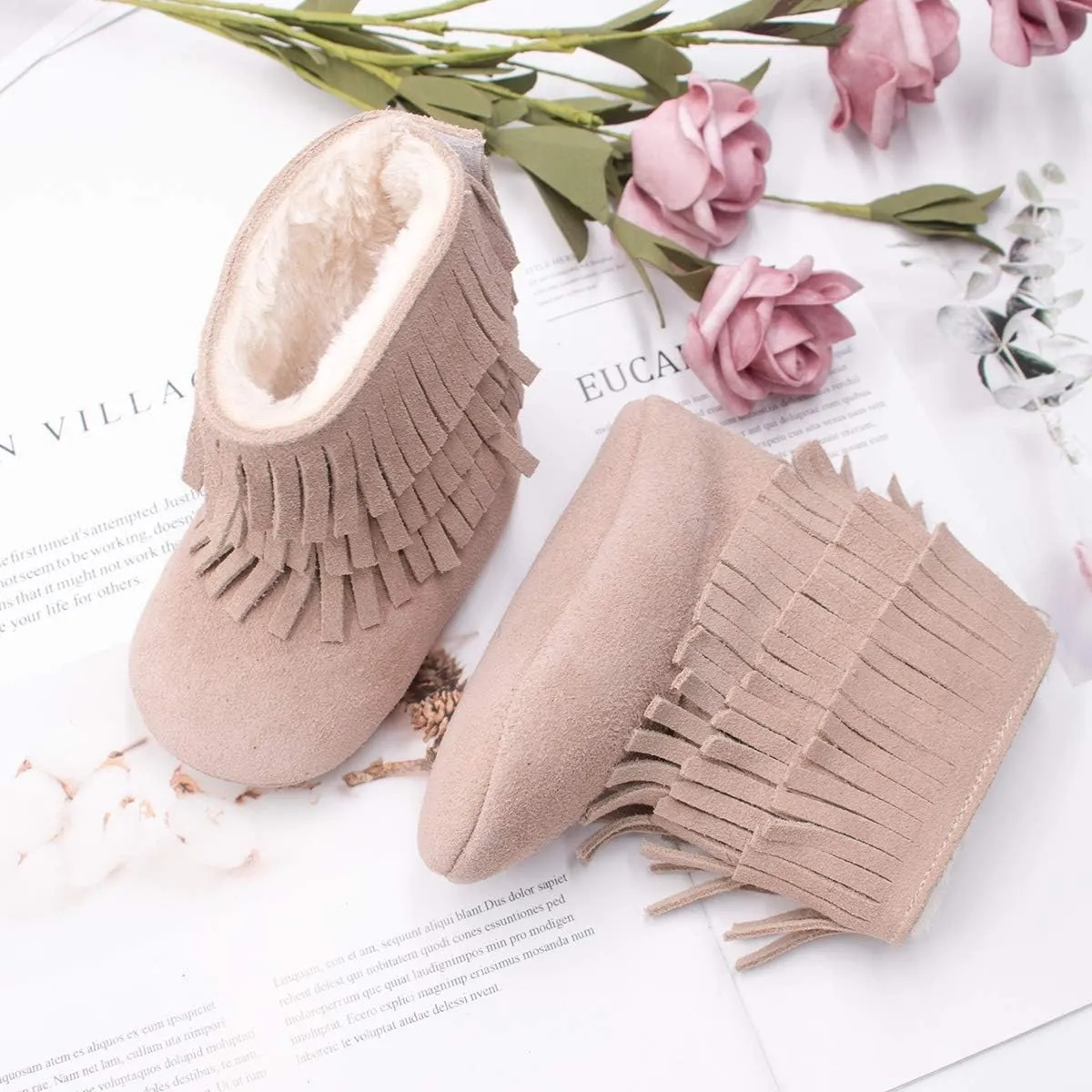 HONGTEYA Real Leather Fringe Baby Booties for Girls Boys Winter Warm Snow Boots with Tassels Hard Sole Fur Lined Toddler Moccasins Shoes