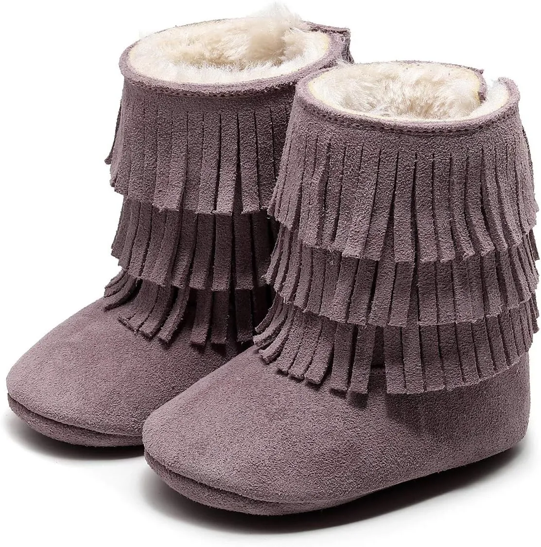 HONGTEYA Real Leather Fringe Baby Booties for Girls Boys Winter Warm Snow Boots with Tassels Hard Sole Fur Lined Toddler Moccasins Shoes