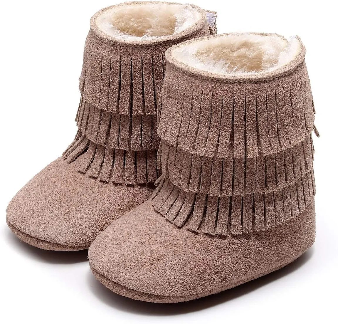 HONGTEYA Real Leather Fringe Baby Booties for Girls Boys Winter Warm Snow Boots with Tassels Hard Sole Fur Lined Toddler Moccasins Shoes