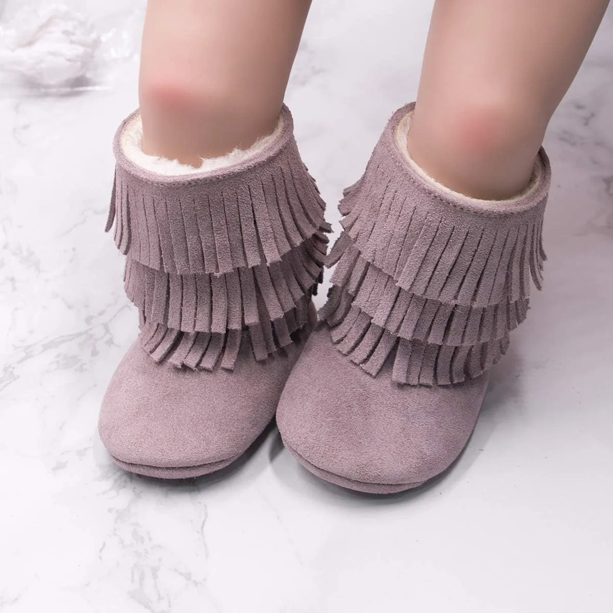 HONGTEYA Real Leather Fringe Baby Booties for Girls Boys Winter Warm Snow Boots with Tassels Hard Sole Fur Lined Toddler Moccasins Shoes
