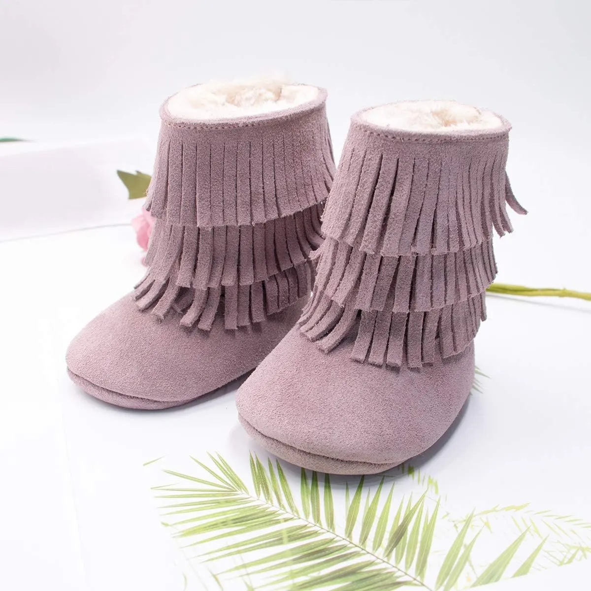 HONGTEYA Real Leather Fringe Baby Booties for Girls Boys Winter Warm Snow Boots with Tassels Hard Sole Fur Lined Toddler Moccasins Shoes