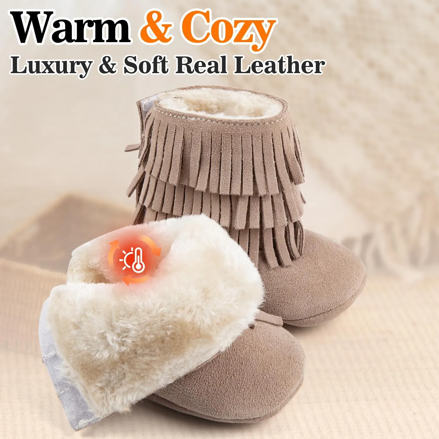 HONGTEYA Real Leather Fringe Baby Booties for Girls Boys Winter Warm Snow Boots with Tassels Hard Sole Fur Lined Toddler Moccasins Shoes