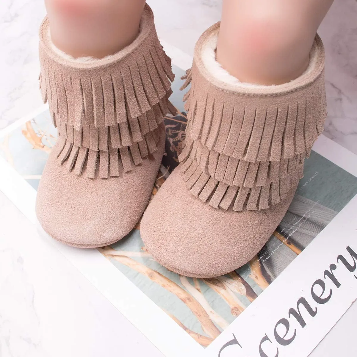 HONGTEYA Real Leather Fringe Baby Booties for Girls Boys Winter Warm Snow Boots with Tassels Hard Sole Fur Lined Toddler Moccasins Shoes