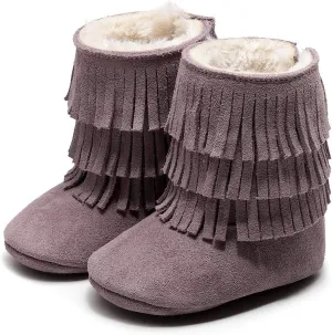 HONGTEYA Real Leather Fringe Baby Booties for Girls Boys Winter Warm Snow Boots with Tassels Hard Sole Fur Lined Toddler Moccasins Shoes
