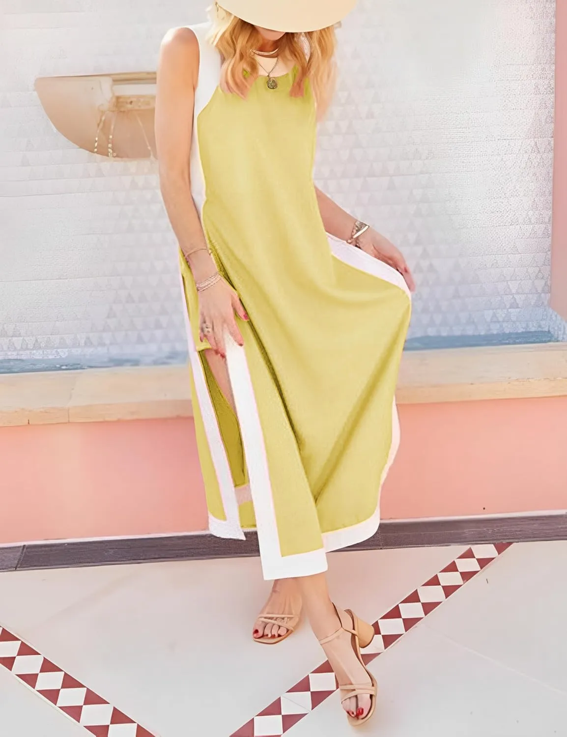 Hooever Women's 2 Piece Sets Boho Color Block Sleeveless Maxi Dress Matching Shorts with Pockets