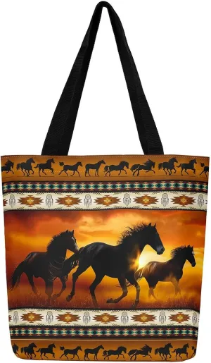 Horses Canvas Tote Bag,Southwestern Native Aztec Handbag Bohemian Dream Catchers Geometry Shoulder Bag