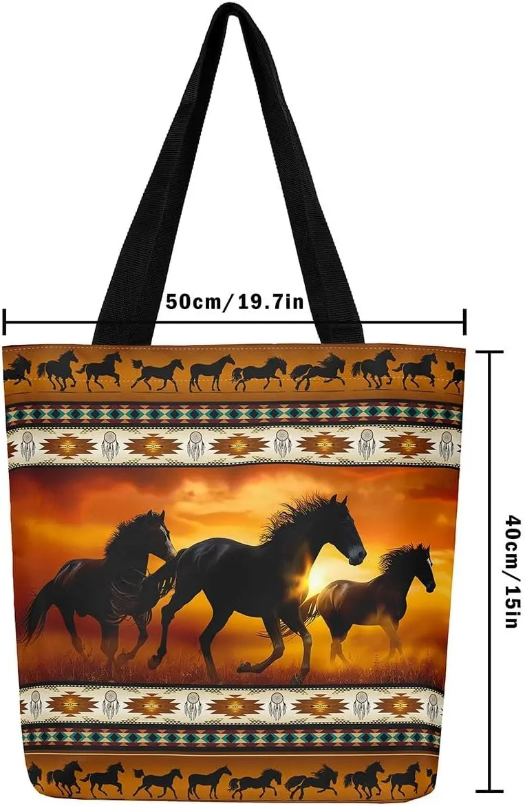 Horses Canvas Tote Bag,Southwestern Native Aztec Handbag Bohemian Dream Catchers Geometry Shoulder Bag