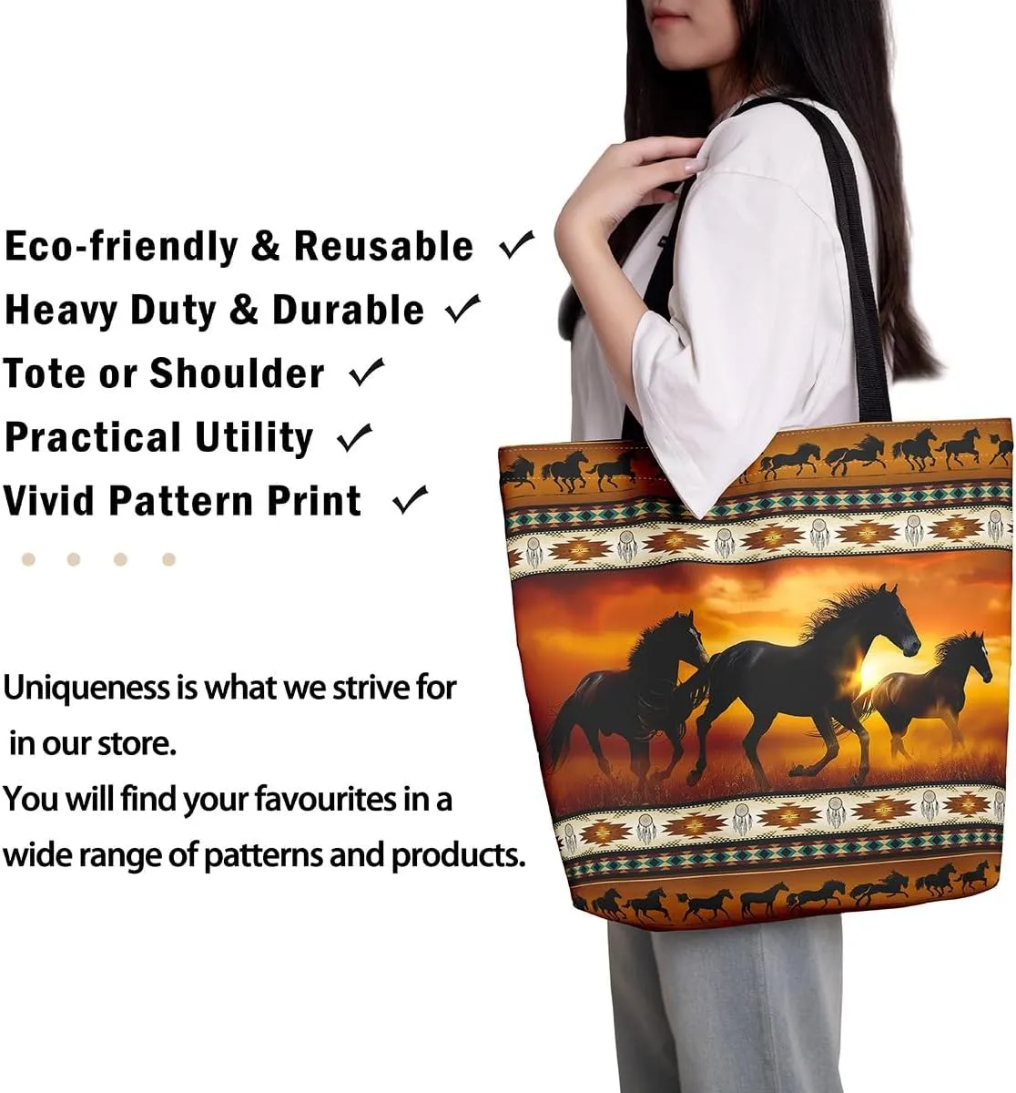Horses Canvas Tote Bag,Southwestern Native Aztec Handbag Bohemian Dream Catchers Geometry Shoulder Bag