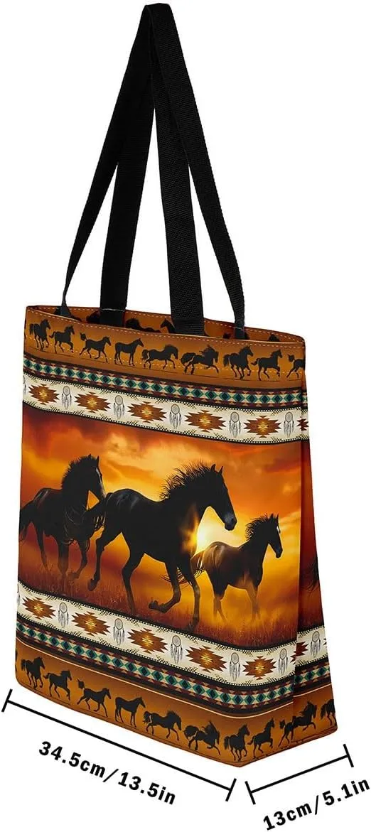 Horses Canvas Tote Bag,Southwestern Native Aztec Handbag Bohemian Dream Catchers Geometry Shoulder Bag