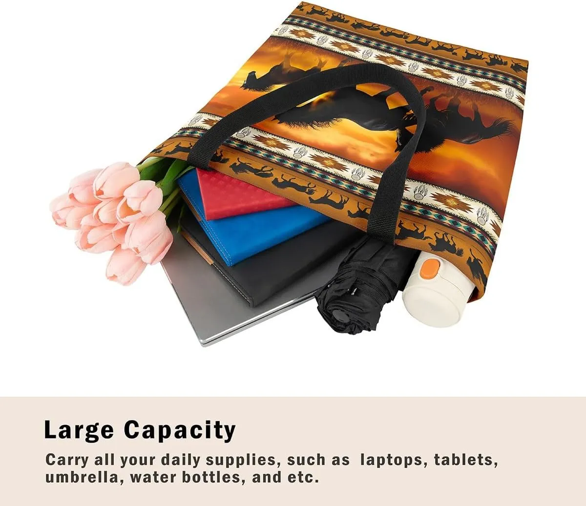 Horses Canvas Tote Bag,Southwestern Native Aztec Handbag Bohemian Dream Catchers Geometry Shoulder Bag