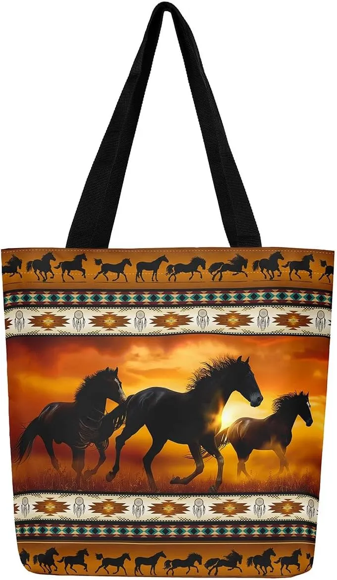 Horses Canvas Tote Bag,Southwestern Native Aztec Handbag Bohemian Dream Catchers Geometry Shoulder Bag