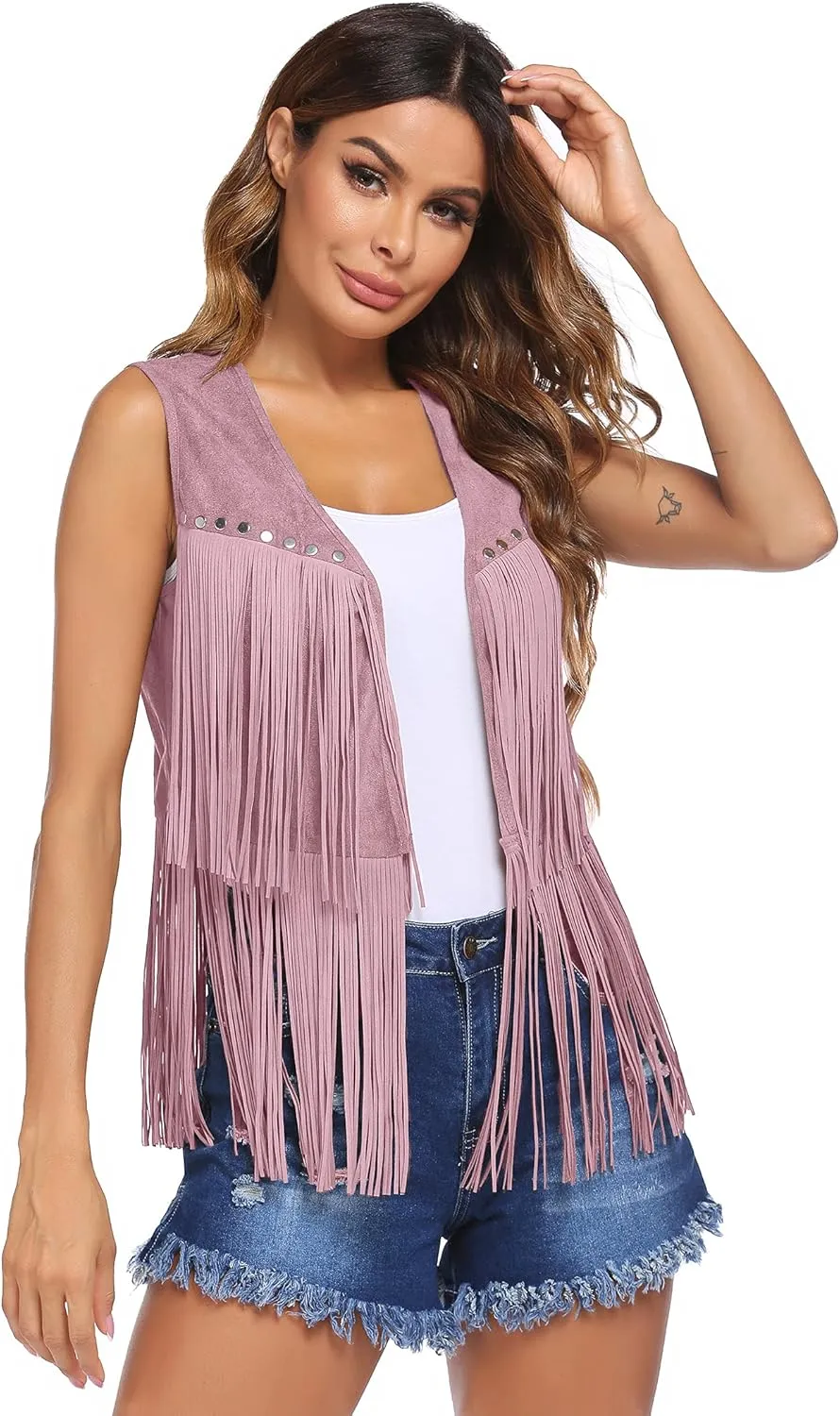 HOTLOOX Womens Fringe Vest 70s Hippie Clothes Sleeveless Faux Suede Tassel Cowgirl Western Outfits S-XXL