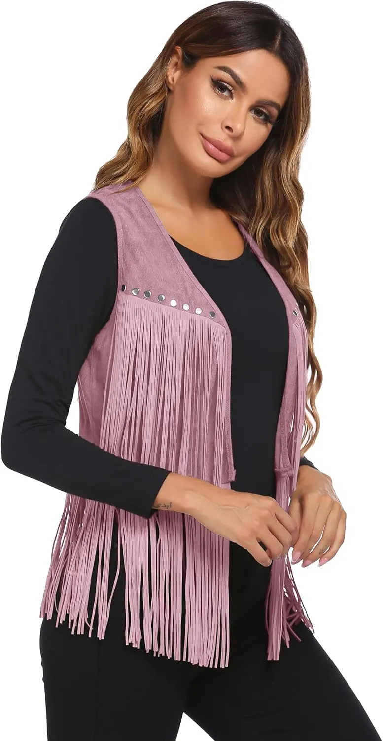 HOTLOOX Womens Fringe Vest 70s Hippie Clothes Sleeveless Faux Suede Tassel Cowgirl Western Outfits S-XXL
