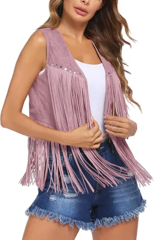 HOTLOOX Womens Fringe Vest 70s Hippie Clothes Sleeveless Faux Suede Tassel Cowgirl Western Outfits S-XXL