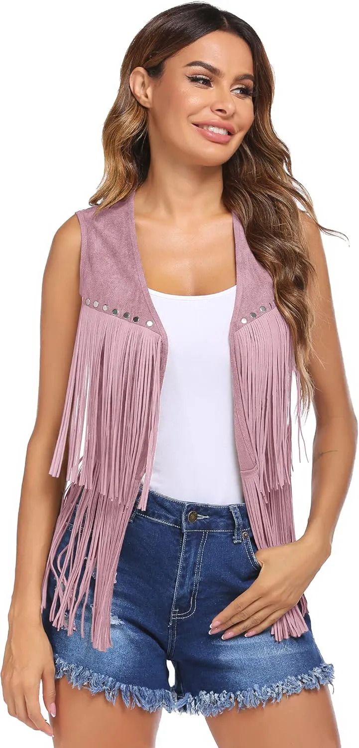 HOTLOOX Womens Fringe Vest 70s Hippie Clothes Sleeveless Faux Suede Tassel Cowgirl Western Outfits S-XXL
