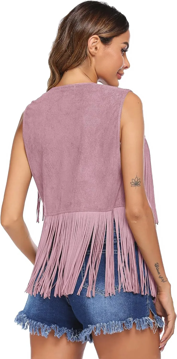 HOTLOOX Womens Fringe Vest 70s Hippie Clothes Sleeveless Faux Suede Tassel Cowgirl Western Outfits S-XXL