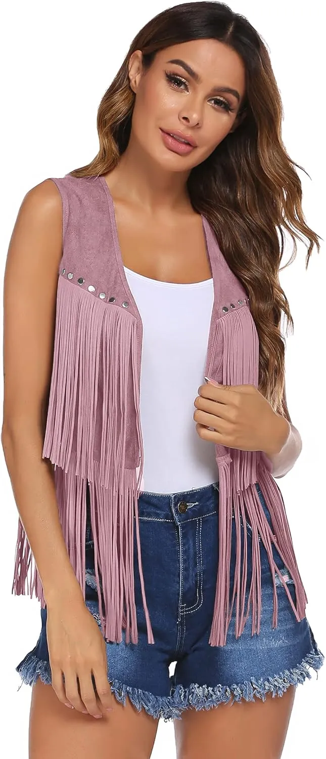 HOTLOOX Womens Fringe Vest 70s Hippie Clothes Sleeveless Faux Suede Tassel Cowgirl Western Outfits S-XXL