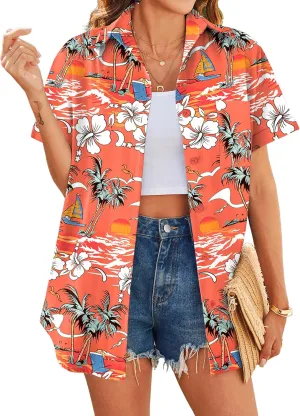 HOTOUCH Hawaiian Shirts for Women Summer Cool Hawaii Floral Tropic Print Blouses Beach Short Sleeve Button Up Tops