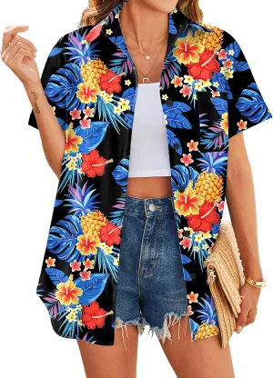 HOTOUCH Hawaiian Shirts for Women Summer Cool Hawaii Floral Tropic Print Blouses Beach Short Sleeve Button Up Tops
