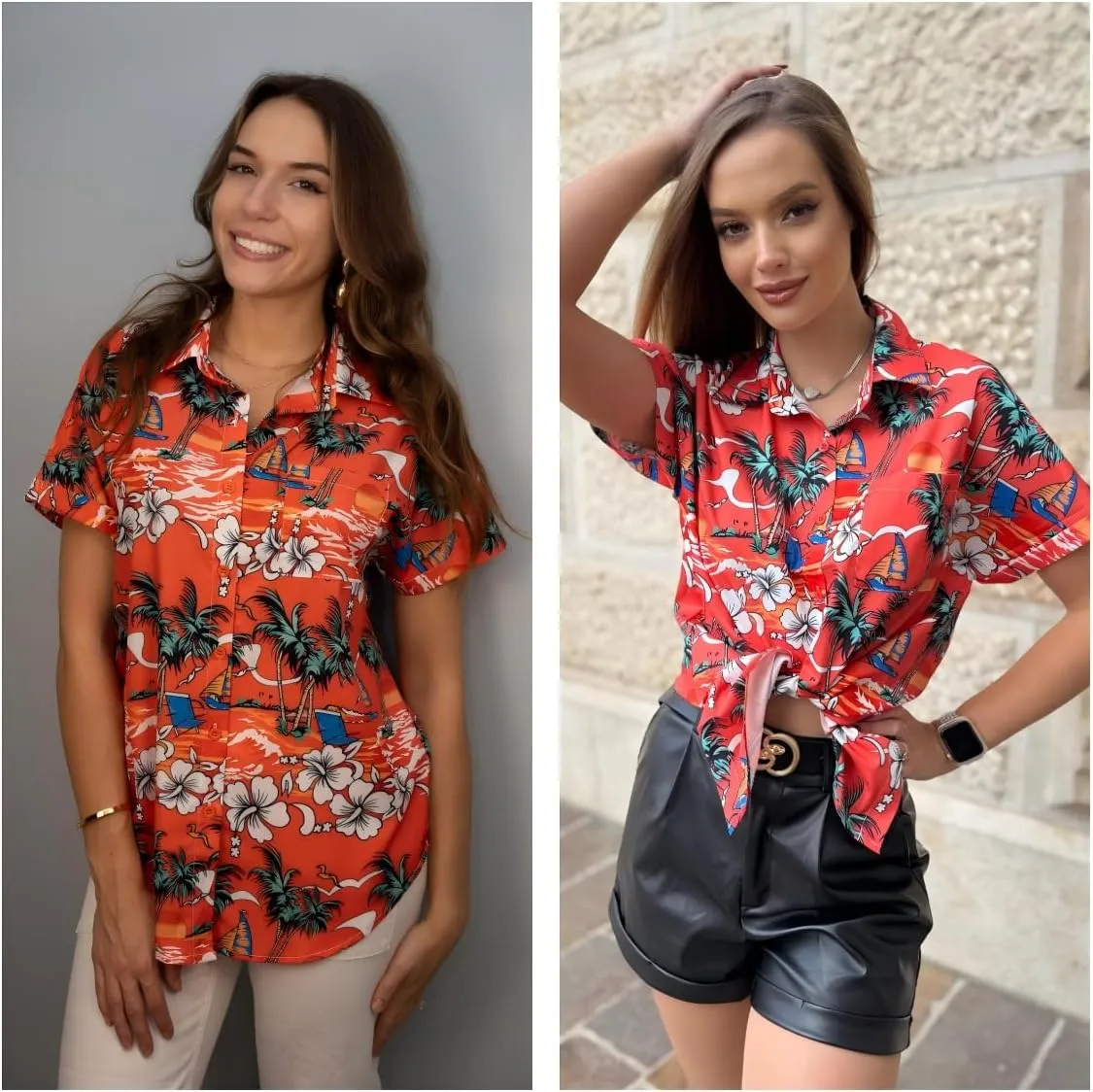 HOTOUCH Hawaiian Shirts for Women Summer Cool Hawaii Floral Tropic Print Blouses Beach Short Sleeve Button Up Tops