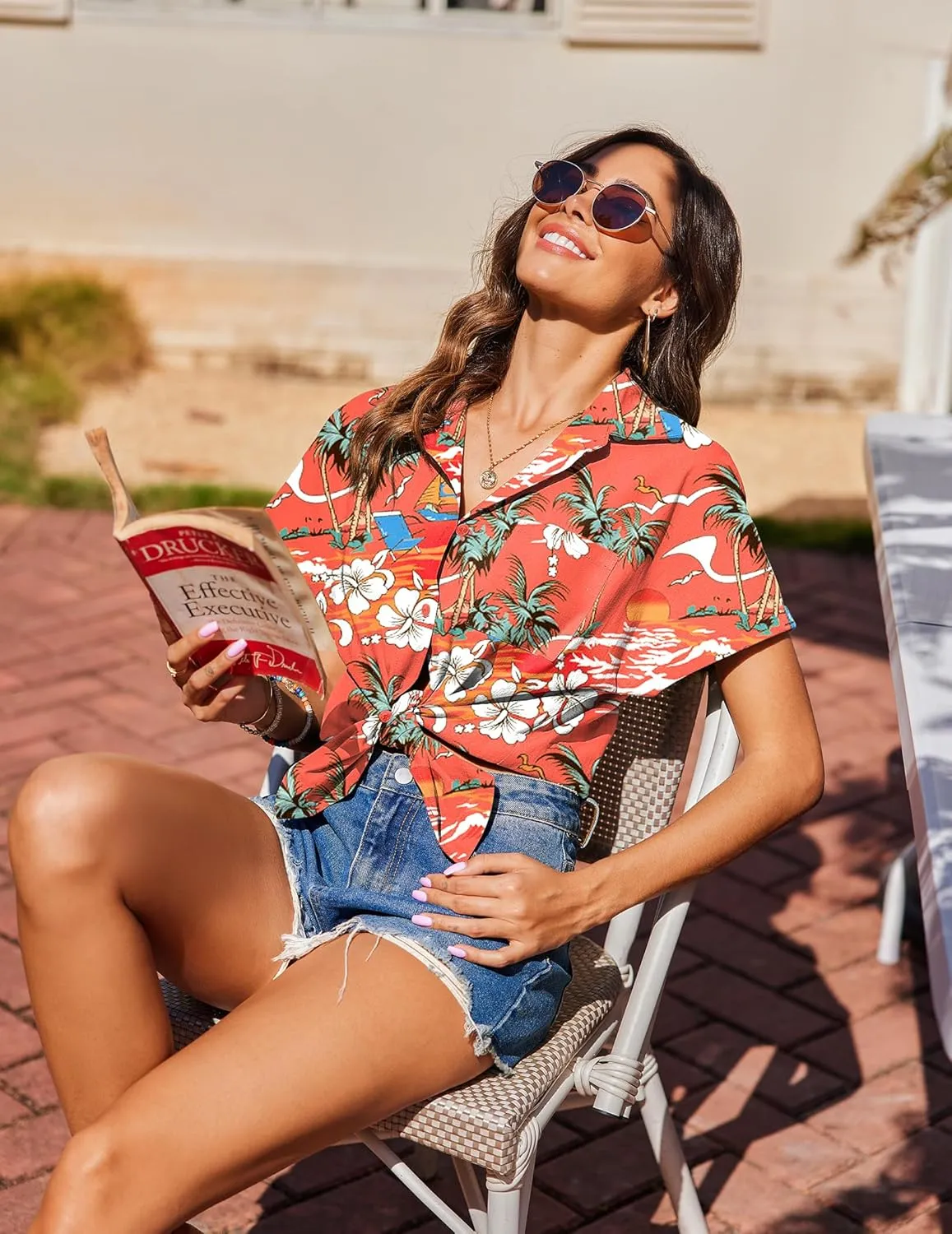 HOTOUCH Hawaiian Shirts for Women Summer Cool Hawaii Floral Tropic Print Blouses Beach Short Sleeve Button Up Tops