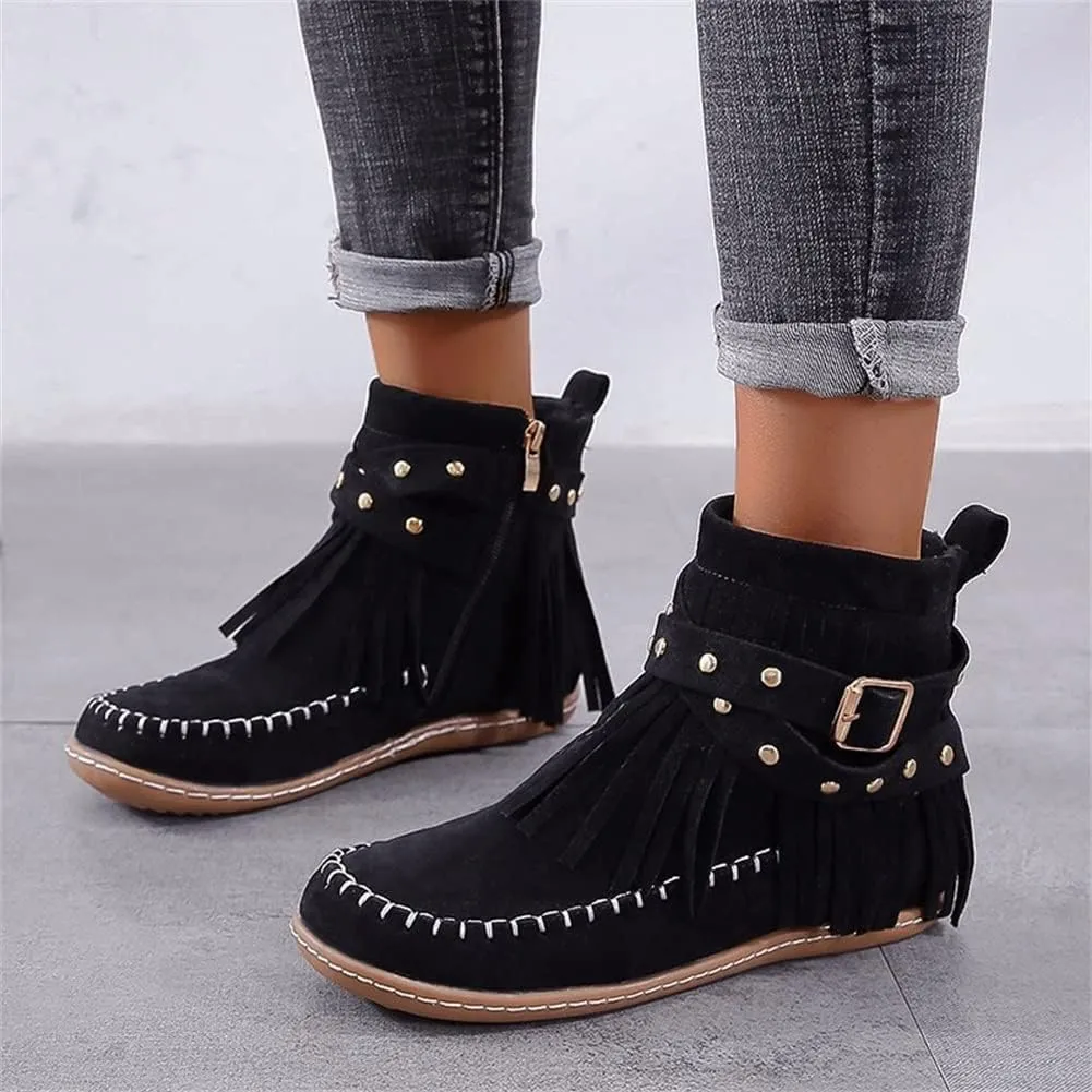 HOTRA Ankle Boots with Tassels Suede Bootie Slippers for Women Flat Round Toe Ankle Boots Winter Warm Moccasins Shoes (Color : Black, Size : 9.5-10 US)
