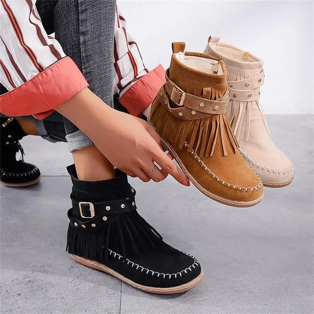 HOTRA Ankle Boots with Tassels Suede Bootie Slippers for Women Flat Round Toe Ankle Boots Winter Warm Moccasins Shoes (Color : Black, Size : 9.5-10 US)