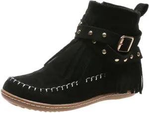 HOTRA Ankle Boots with Tassels Suede Bootie Slippers for Women Flat Round Toe Ankle Boots Winter Warm Moccasins Shoes (Color : Black, Size : 9.5-10 US)