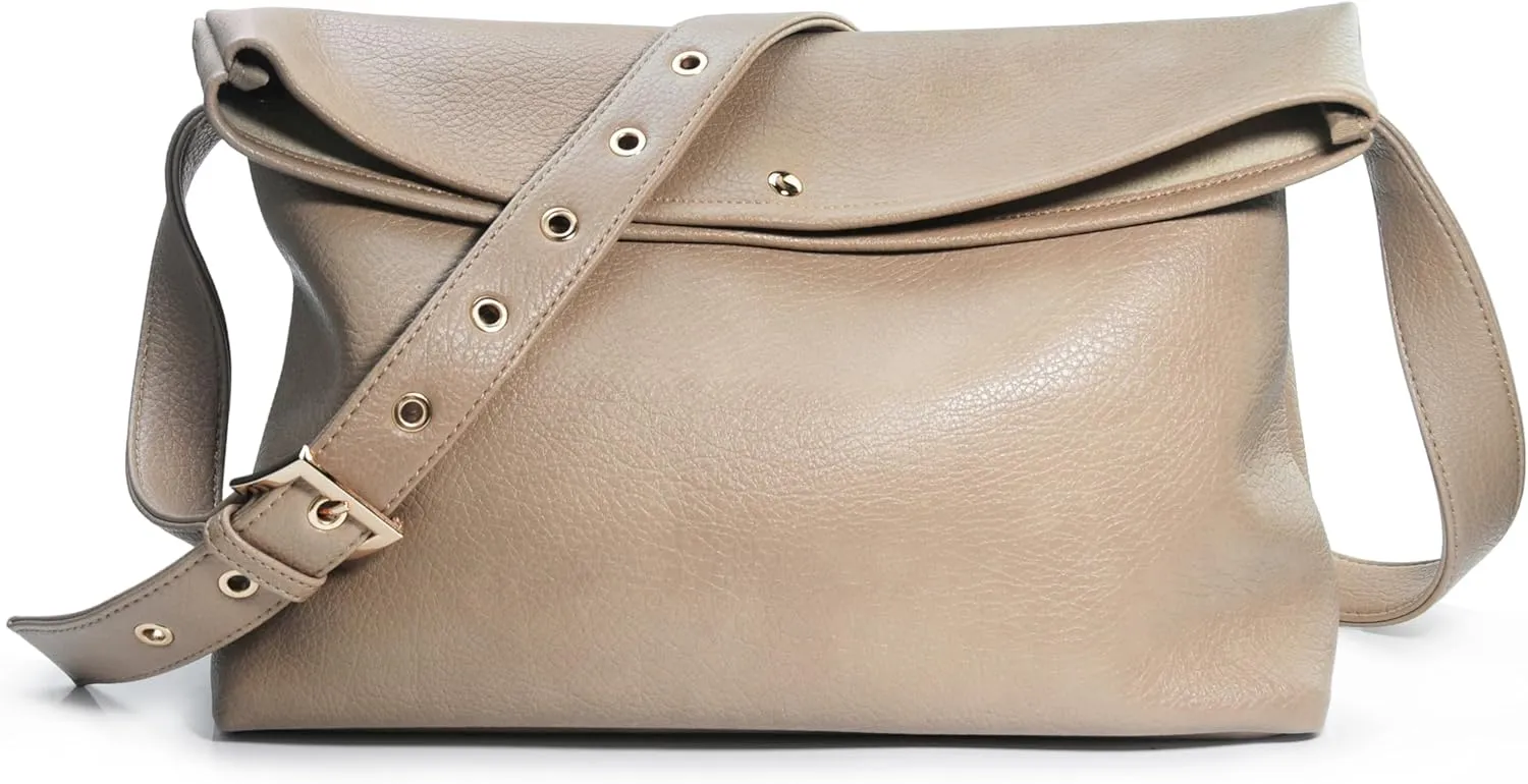 HOXIS Messenger Bag for Women Crossbody Purse Vegan Leather Foldover Shoulder Handbag (Nude)