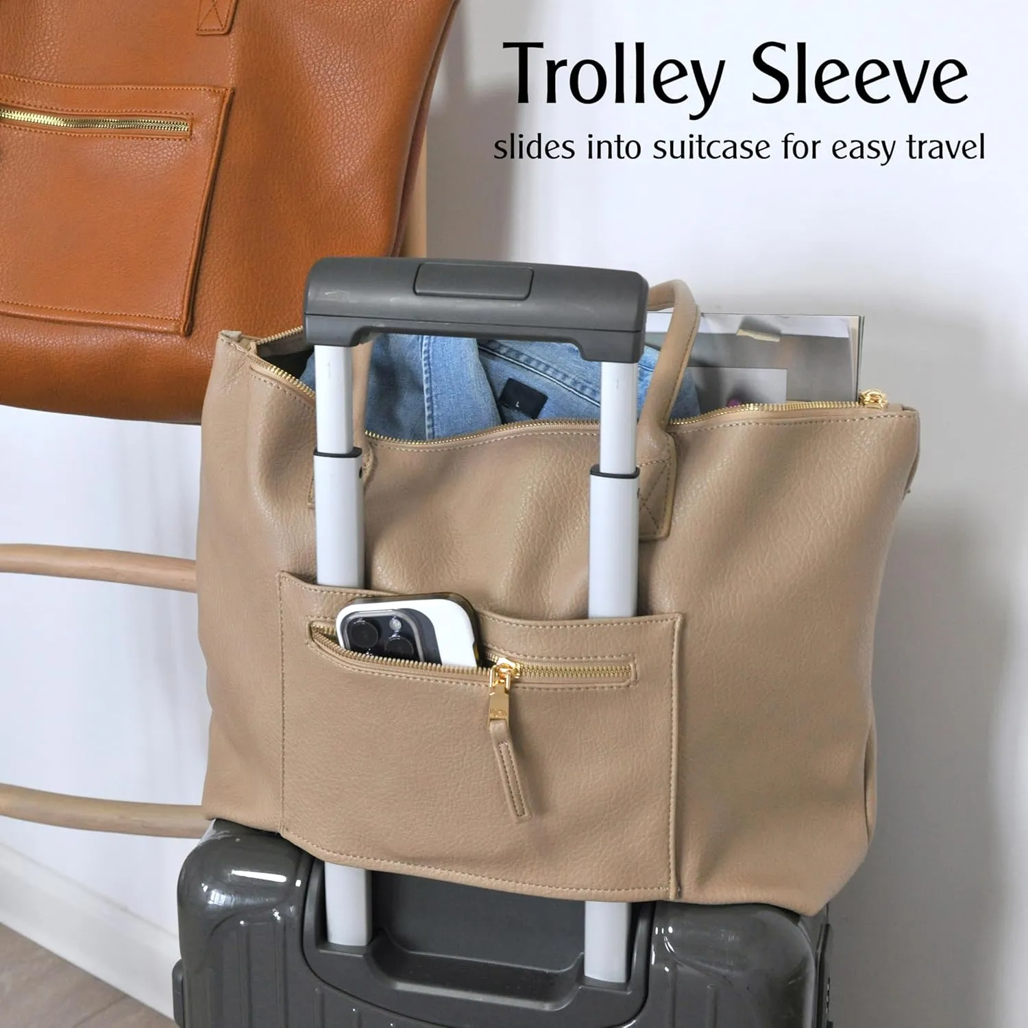 HOXIS Tote Bag for Women with Zipper Vegan Leather Handbag with Trolley Sleeve Travel Weekender Carryall Bag
