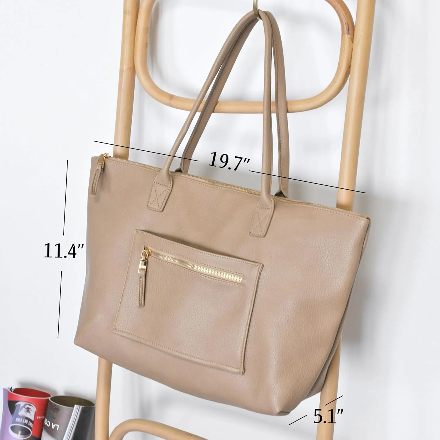 HOXIS Tote Bag for Women with Zipper Vegan Leather Handbag with Trolley Sleeve Travel Weekender Carryall Bag