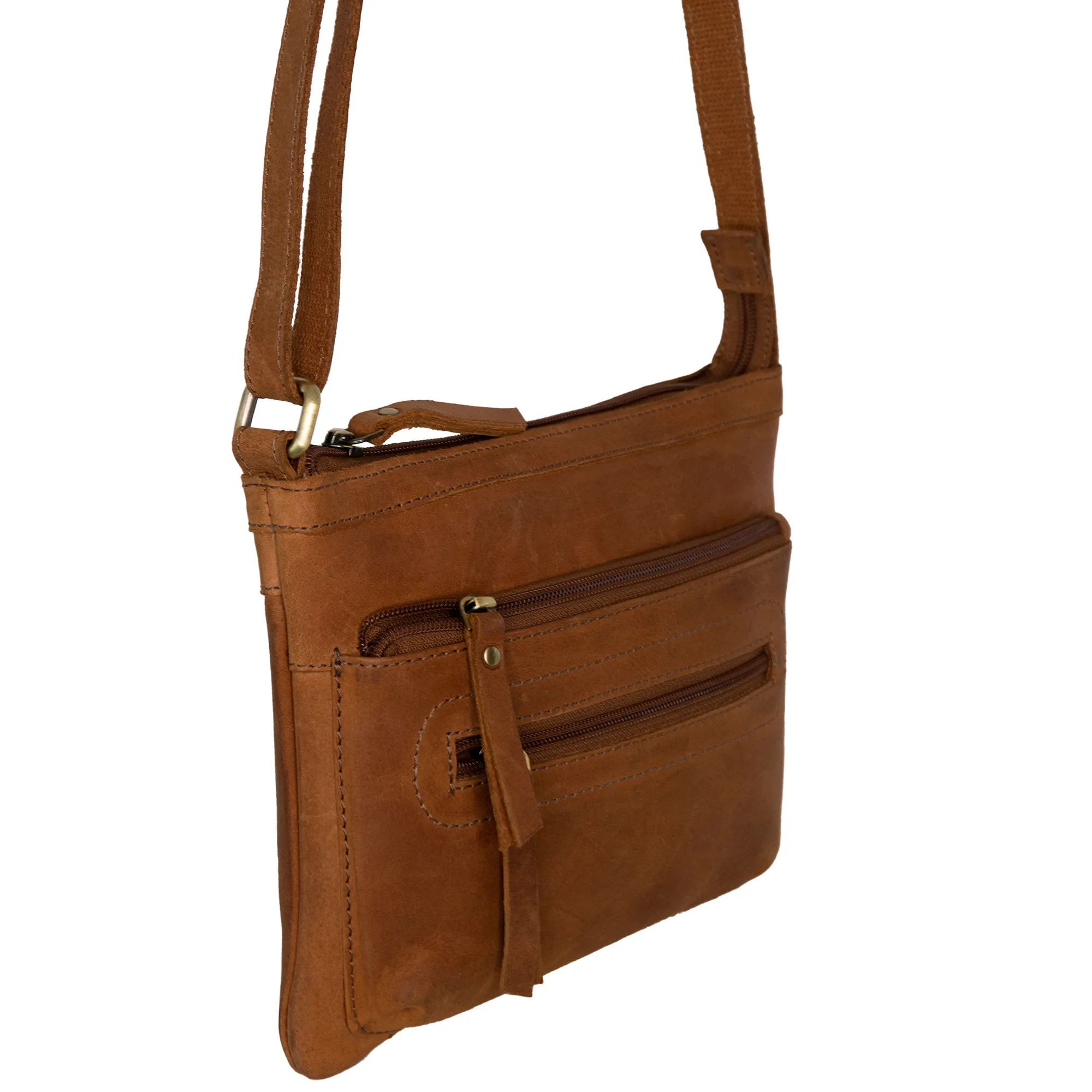 Hudson - (New England Buff Leather) Small Cross Body Multi Zip Bag
