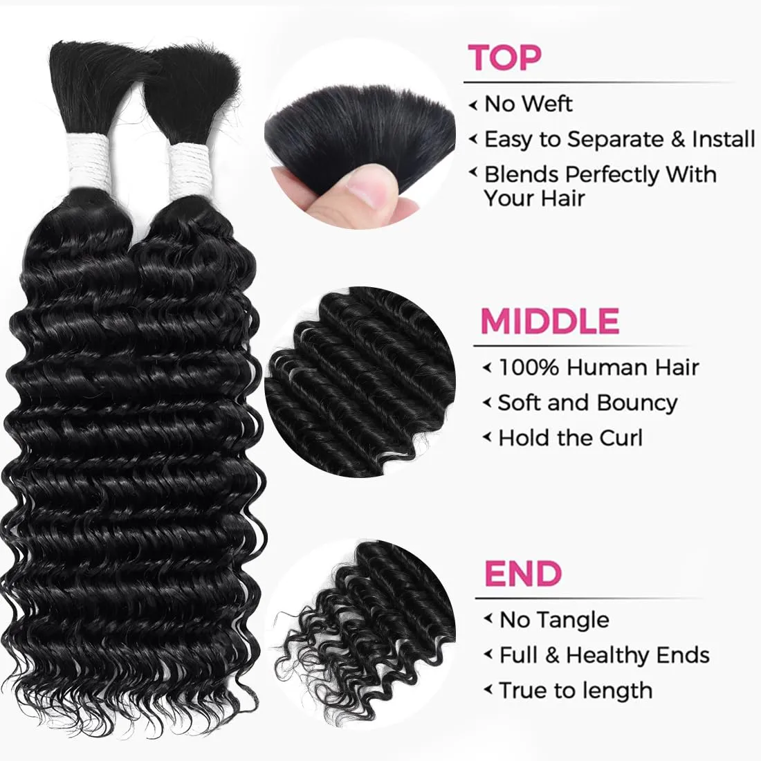 Human Braiding Hair 2 Bundles 100g 18 Inch Deep Wave Bulk Human Braiding Hair For Boho Braids No Weft Curly Boho Knotless Braids Wet And Wavy Brazilian Unprocessed Virgin Hair Extensions Natural Color