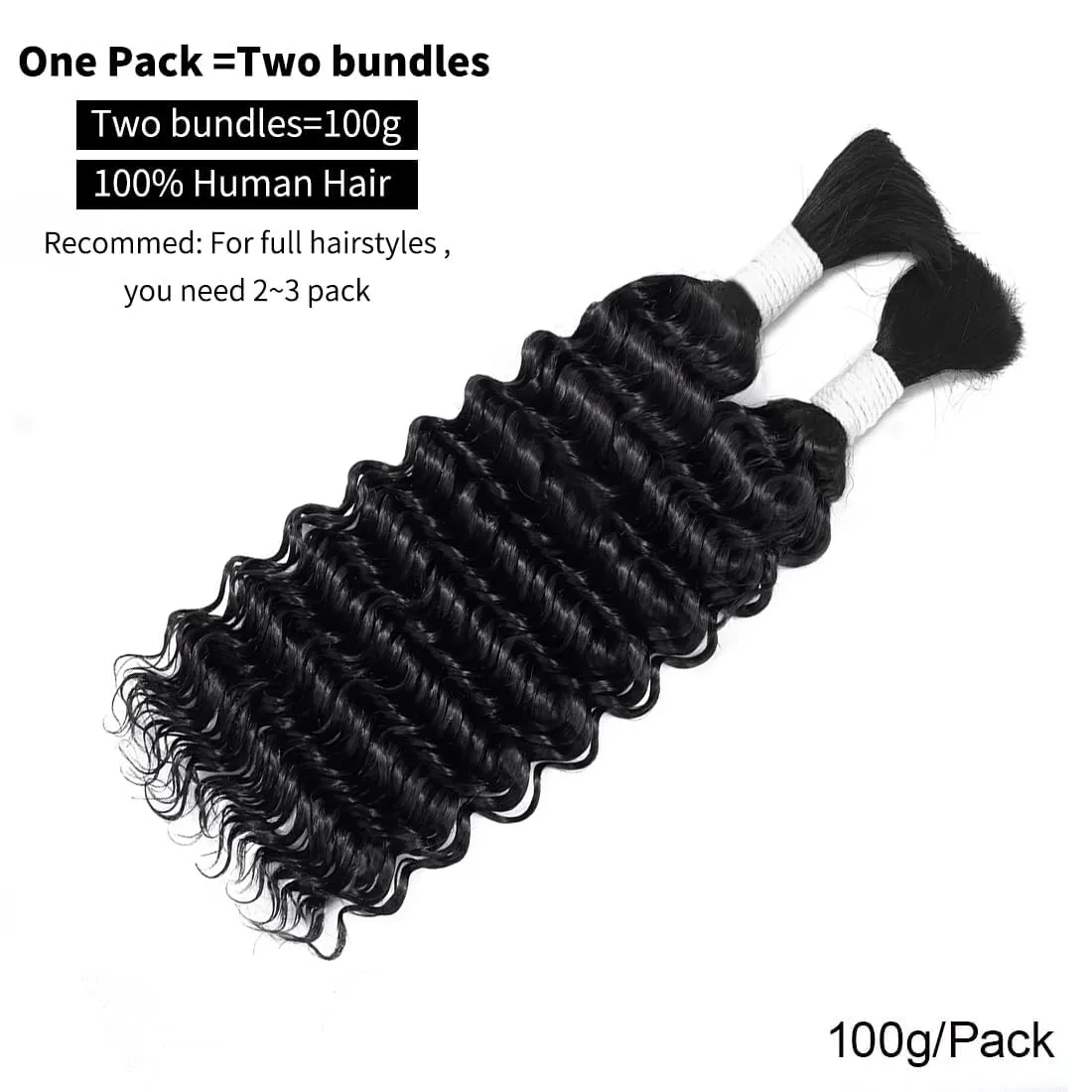 Human Braiding Hair 2 Bundles 100g 18 Inch Deep Wave Bulk Human Braiding Hair For Boho Braids No Weft Curly Boho Knotless Braids Wet And Wavy Brazilian Unprocessed Virgin Hair Extensions Natural Color