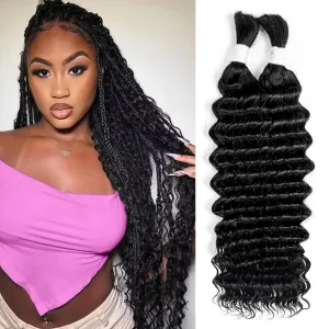 Human Braiding Hair 2 Bundles 100g 18 Inch Deep Wave Bulk Human Braiding Hair For Boho Braids No Weft Curly Boho Knotless Braids Wet And Wavy Brazilian Unprocessed Virgin Hair Extensions Natural Color