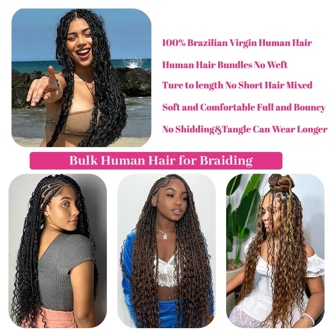 Human Braiding Hair 2 Bundles 100g 18 Inch Deep Wave Bulk Human Braiding Hair For Boho Braids No Weft Curly Boho Knotless Braids Wet And Wavy Brazilian Unprocessed Virgin Hair Extensions Natural Color