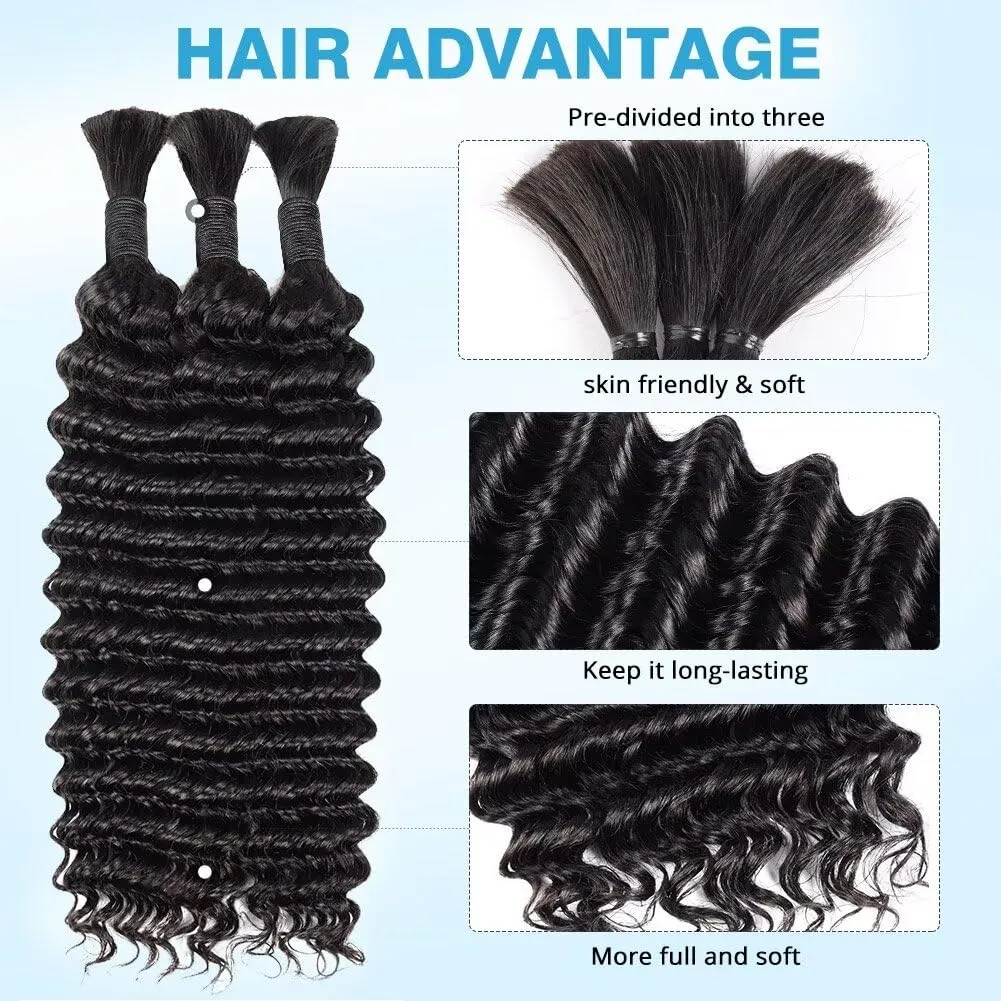 Human Braiding Hair Deep Water Wave Bulk Human Hair 150g 24 Inch Curly Human Hair for Boho Braids Hair Extensions No Weft 3 Braids Per Pack Wet and Wavy Human Hair Braiding Hair Natural Color