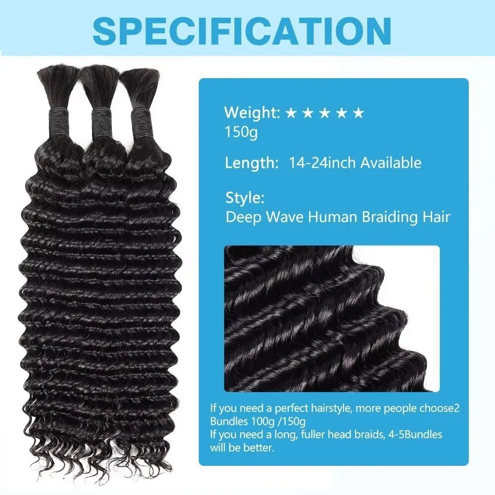 Human Braiding Hair Deep Water Wave Bulk Human Hair 150g 24 Inch Curly Human Hair for Boho Braids Hair Extensions No Weft 3 Braids Per Pack Wet and Wavy Human Hair Braiding Hair Natural Color