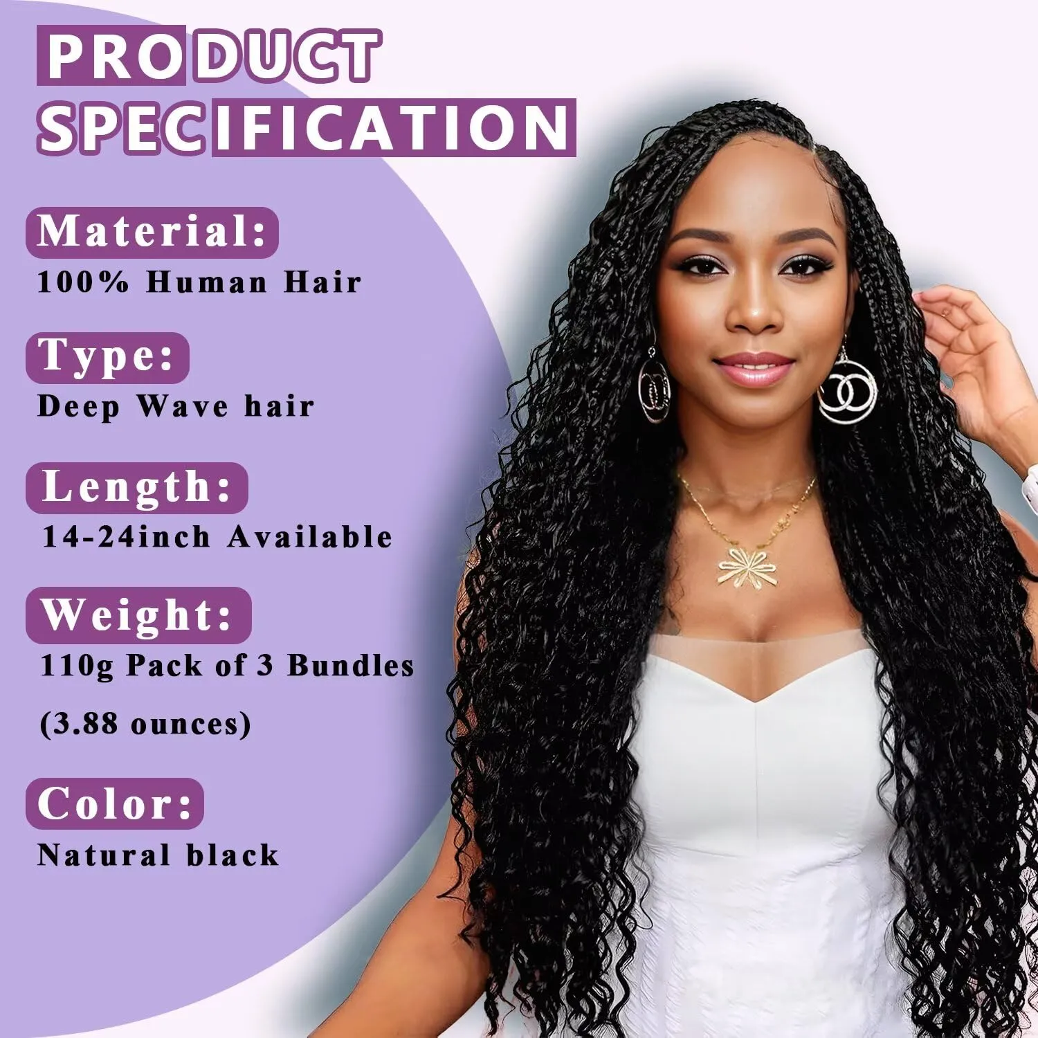Human Braiding Hair For Boho Braids Deep Water Wave Bulk Human Hair for Braiding 12A Wet and Wavy Curly 100% Human Hair Extensions 3 Bundles 110g Natural Color 24inch
