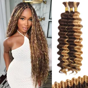 Human Braiding Hair For Boho Braids Deep Water Wave Human Bulk Braiding Hair 12A Brazilian Virgin Human Hair Extensions for Boho Braids 3 Bundles/Pack 110g 4P27 Highlight Ombre Balayage 16inch
