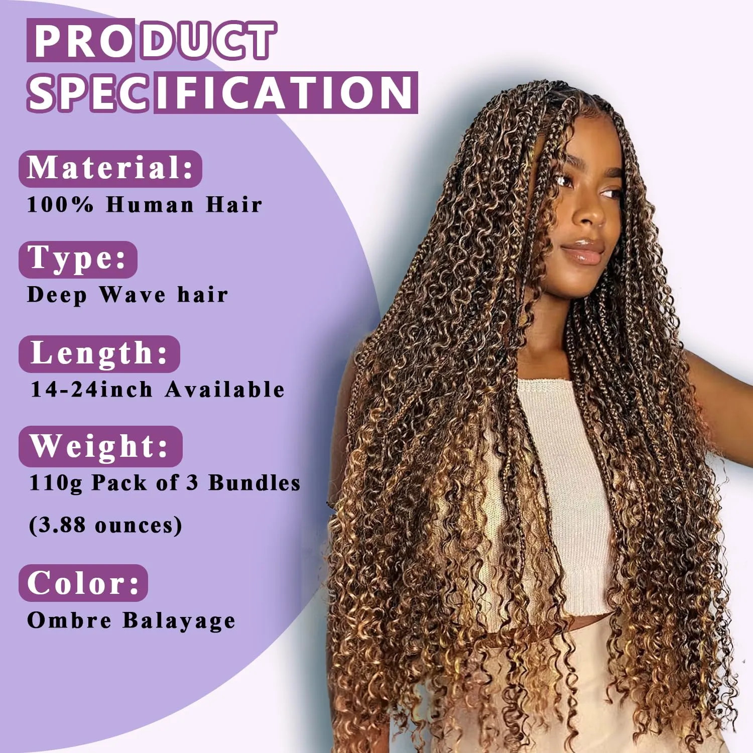 Human Braiding Hair For Boho Braids Deep Water Wave Human Bulk Braiding Hair 12A Brazilian Virgin Human Hair Extensions for Boho Braids 3 Bundles/Pack 110g 4P27 Highlight Ombre Balayage 16inch
