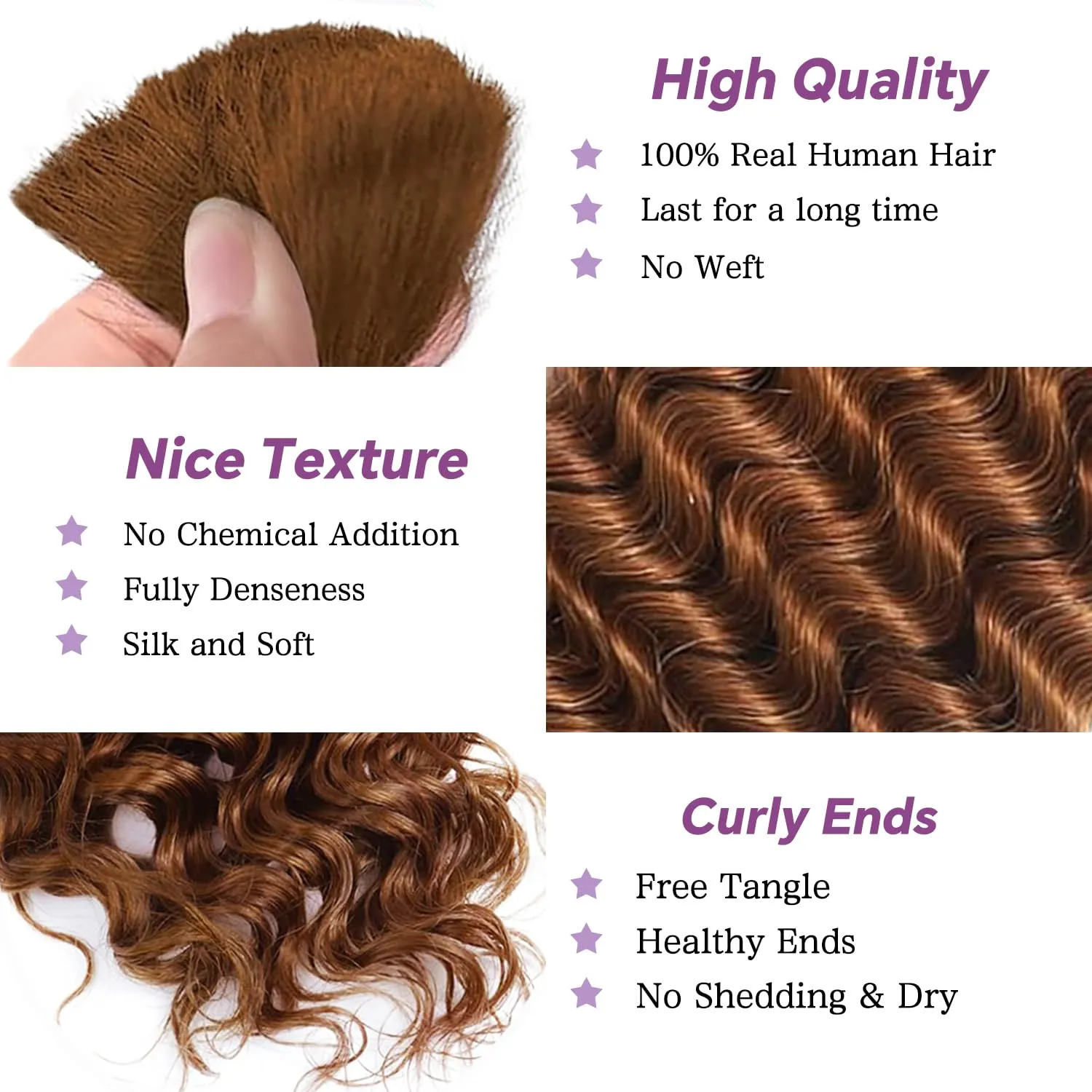 Human Braiding Hair For Boho Braids Deep Water Wave Human Bulk Hair for Braiding 12A Brazilian Virgin Human Hair Extensions for Boho Braids 3 Bundles/Pack 110g Auburn Ginger 24inch