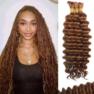 Human Braiding Hair For Boho Braids Deep Water Wave Human Bulk Hair for Braiding 12A Brazilian Virgin Human Hair Extensions for Boho Braids 3 Bundles/Pack 110g Auburn Ginger 24inch