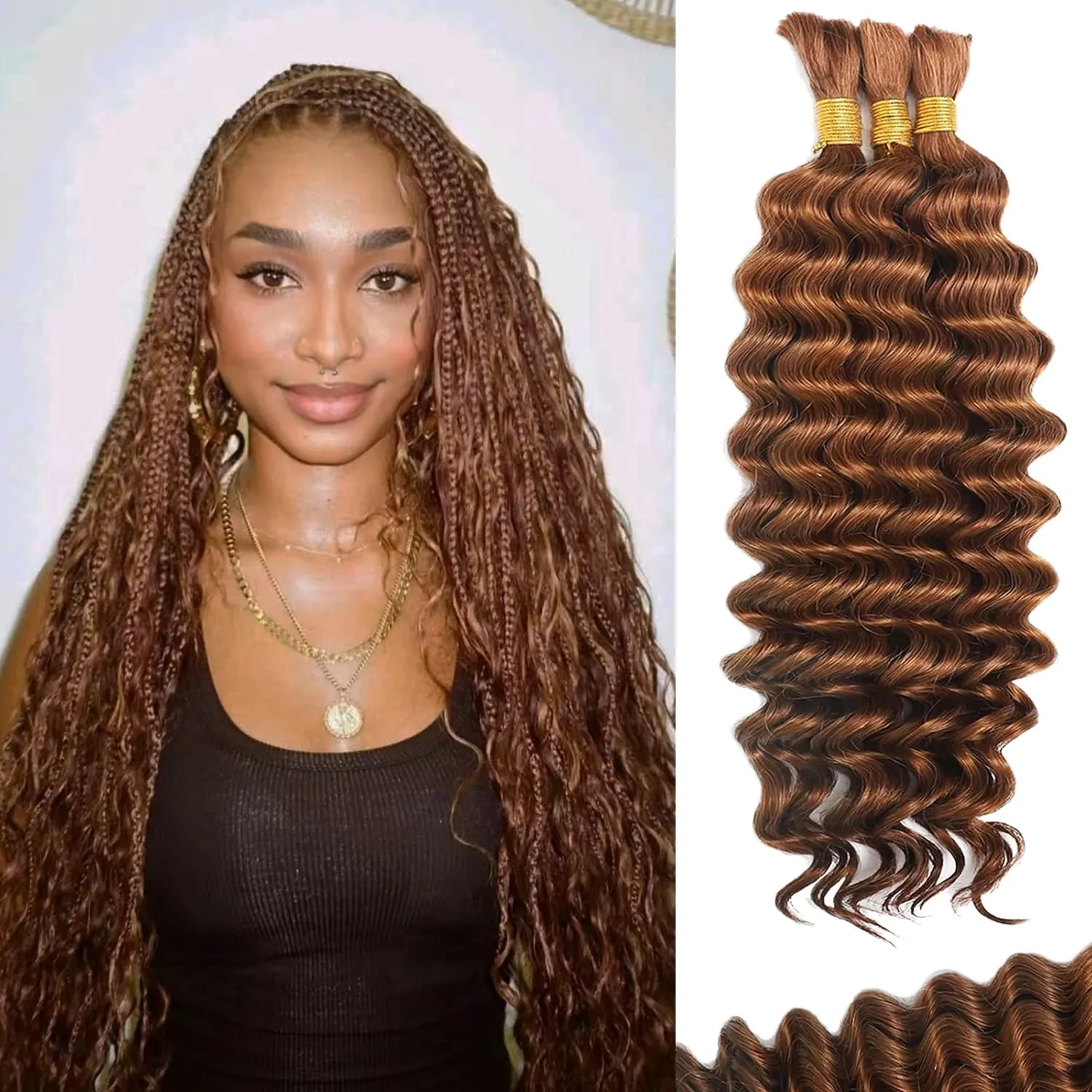 Human Braiding Hair For Boho Braids Deep Water Wave Human Bulk Hair for Braiding 12A Brazilian Virgin Human Hair Extensions for Boho Braids 3 Bundles/Pack 110g Auburn Ginger 24inch