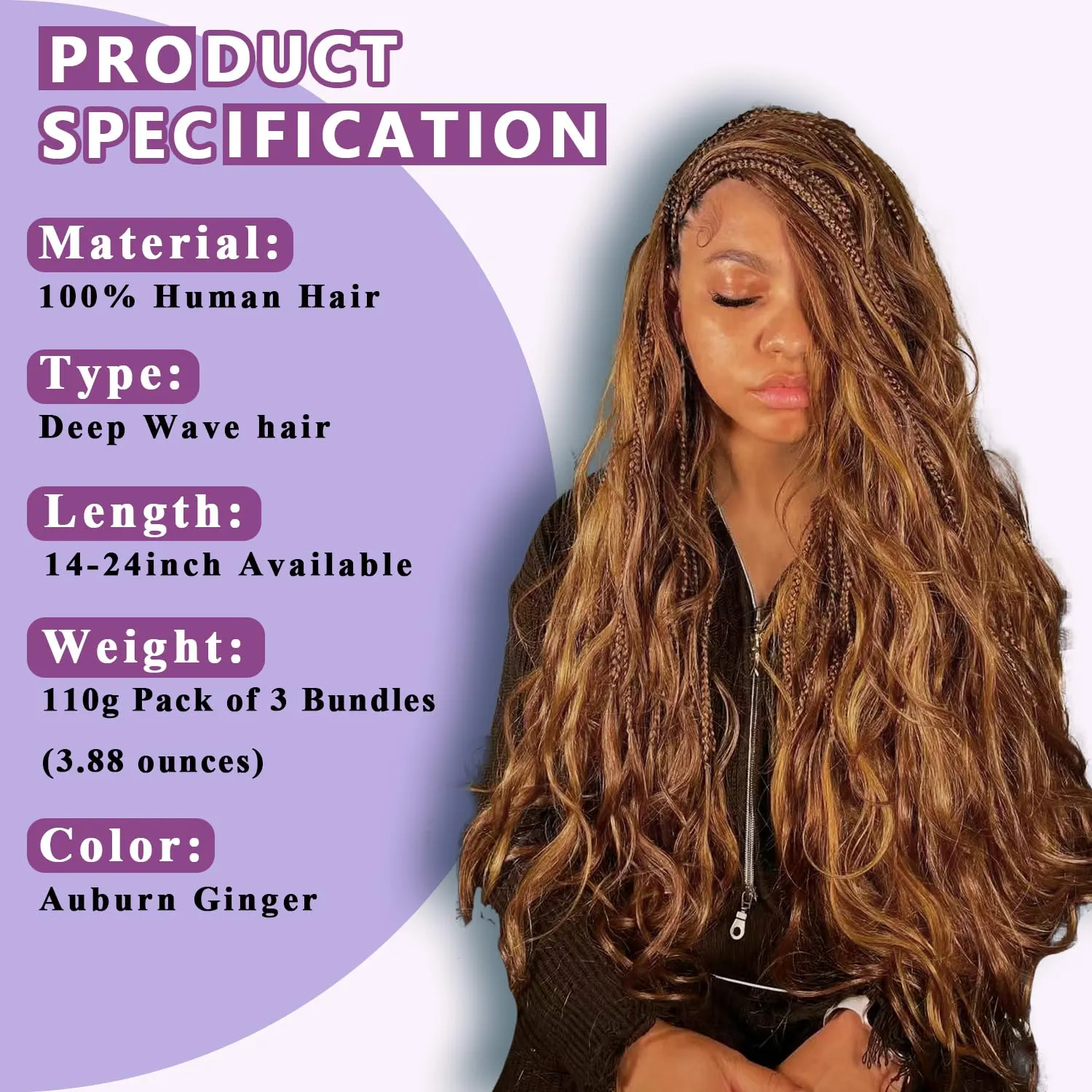 Human Braiding Hair For Boho Braids Deep Water Wave Human Bulk Hair for Braiding 12A Brazilian Virgin Human Hair Extensions for Boho Braids 3 Bundles/Pack 110g Auburn Ginger 24inch