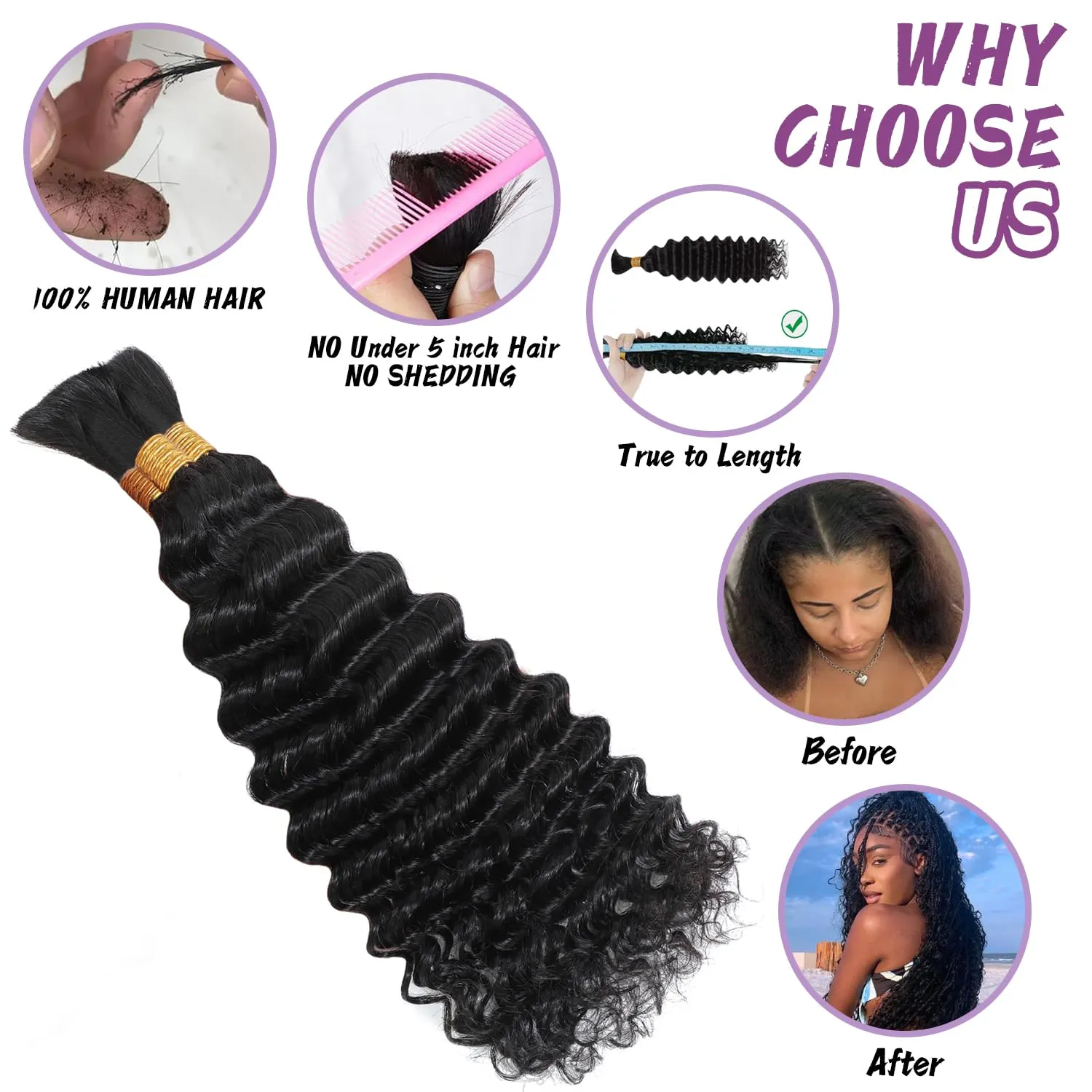 Human Braiding Hair For Boho Braids Deep Water Wave Human Bulk Hair for Braiding 12A Brazilian Virgin Human Hair Extensions for Boho Braids 3 Bundles/Pack 110g Chocolate Brown 20inch